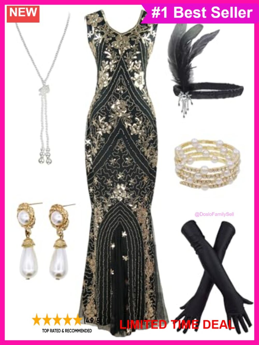 Sequin Flapper Mermaid Formal Gown with 20s Gatsby Accessories Set